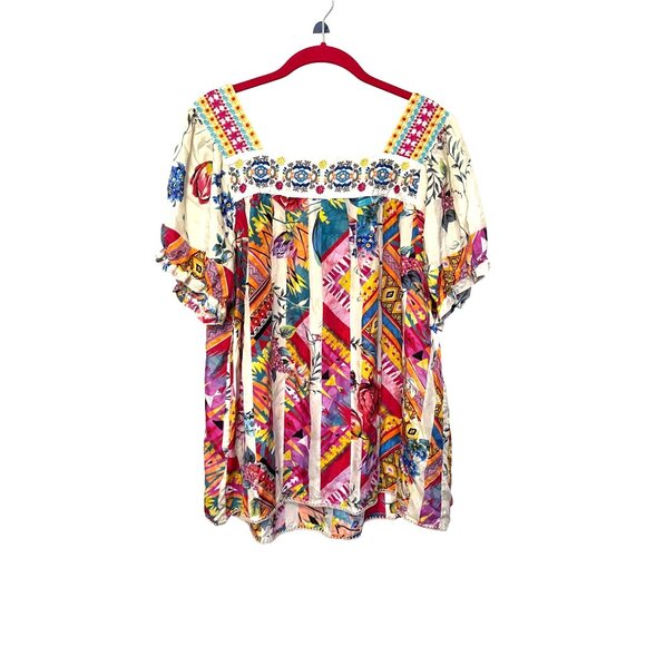 Johnny Was Tweety Mixed Print Silk Boho Blouse Top L Vibrant Colors - Picture 2 of 3